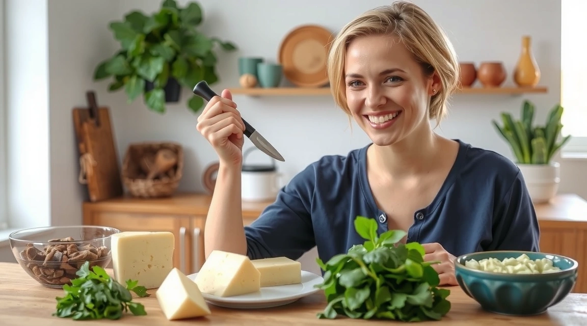 Mujer sonriendo y comiendo alimentos ricos en vitamina K2, como quesos y verduras