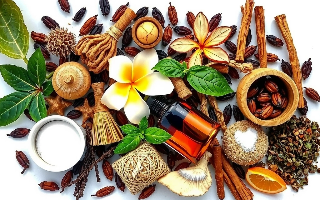 Variedad de plantas medicinales y hierbas aromáticas cuidadosamente dispuestas, sugiriendo remedios naturales y bienestar.