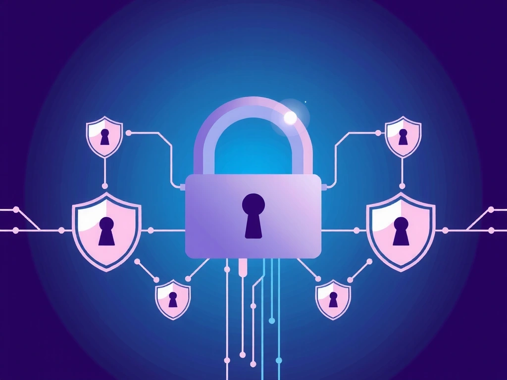 Ilustración de la privacidad de datos con un candado y elementos digitales flotando