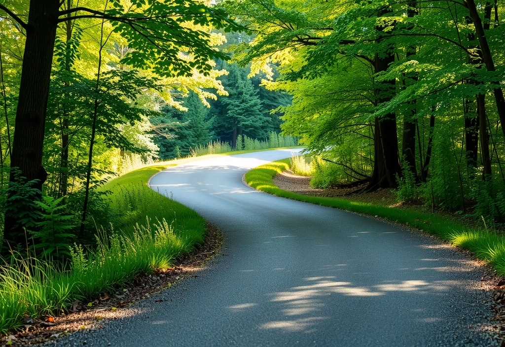 Un sendero serpenteante que se adentra en un bosque exuberante y vibrante, simbolizando el camino de la misión y visión de Fallavitcx.
